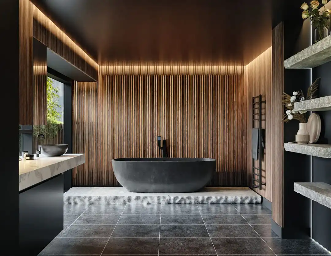 Salle de bain luxe bois marbre